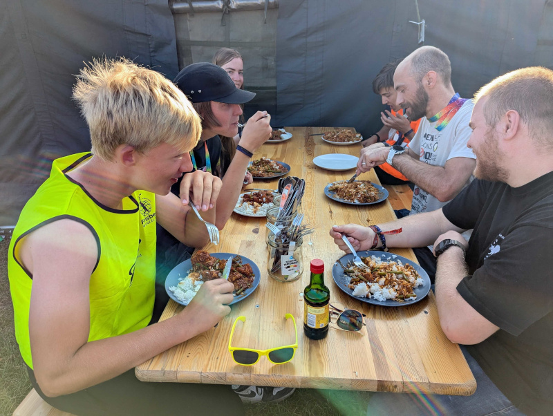 The team and older kids eating