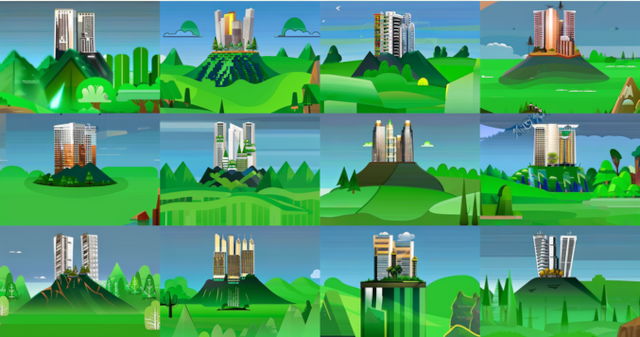collage of 12 generated images of a city on a greenish rock, not very realistic