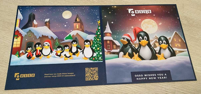 an unfolded card with penguins on both the front and back image and the OSSO logo