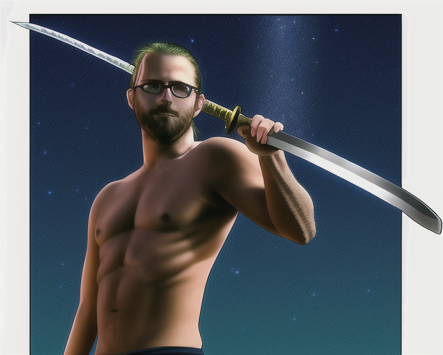 a fit man with bare chest with a deformed sword in his hand and a sky background behind him