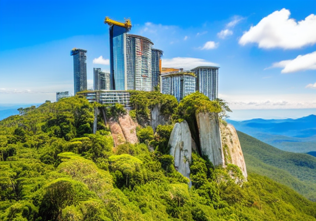 a city on top of a mountain surrounded by trees and mountains in the background is a blue sky with clouds