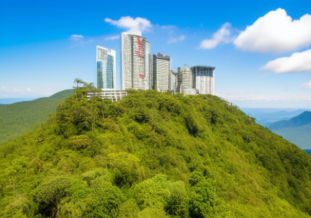 a tall building on top of a lush green hillside with trees on the side of it and a blue sky in the background