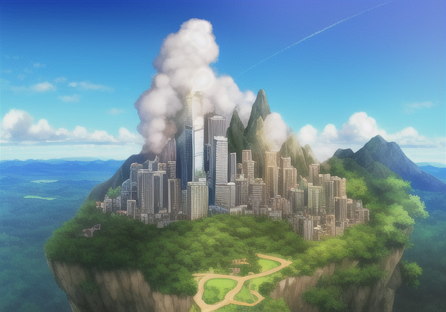 anime-style drawing of a city on a mountain with a road going through it and a green valley below