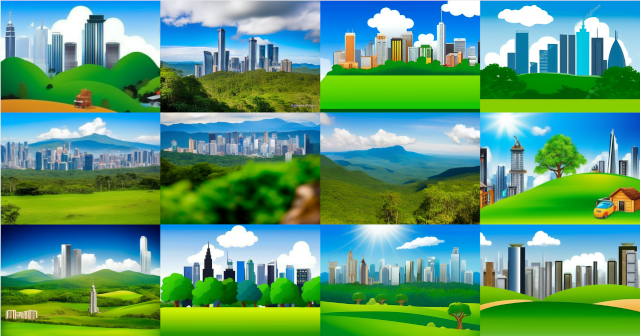 collage of 12 generated images of a city with a green foreground mostly looking like they were drawn in paint