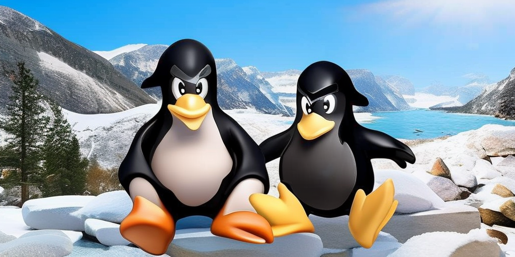 two angry penguins sitting on a rock in the snow near a lake and mountains with snow on the ground and a blue sky