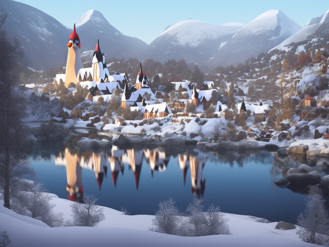 a small village is surrounded by a lake and mountains in the background, with snow on the ground and trees in the foreground, notable church towers that somewhat resemble penguins