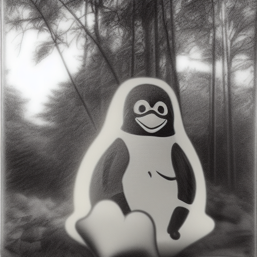 a black and white photo of a plastic sculpture of a penguin in the woods with trees in the background