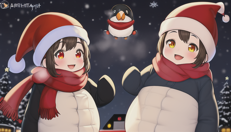 a couple of penguins looking like angry birds, wearing christmas hats and scarves in the snow
